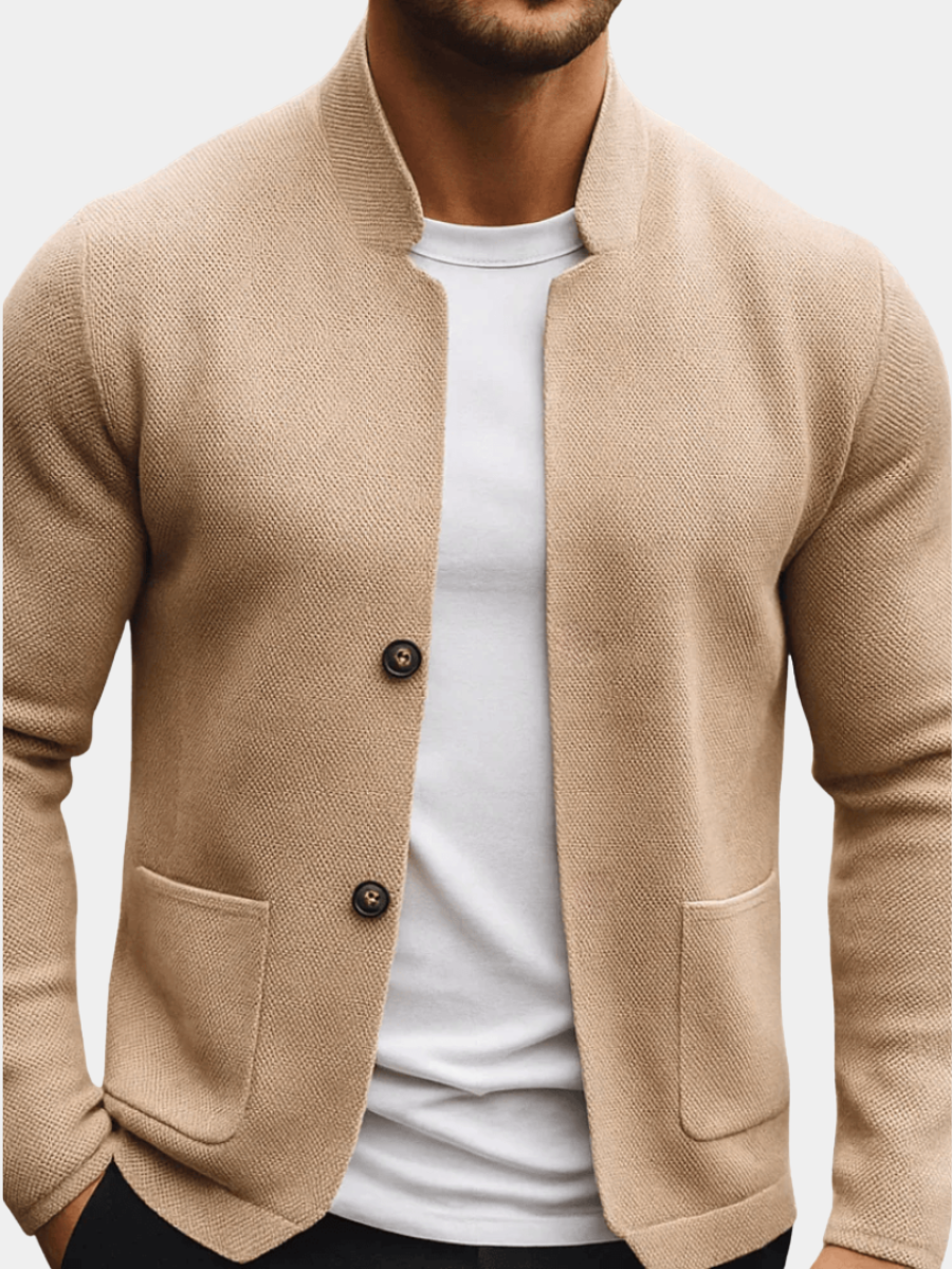 Cárdigan hombre cuello perkins botones bolsillos parche punto fino chaqueta ligera - Alaric