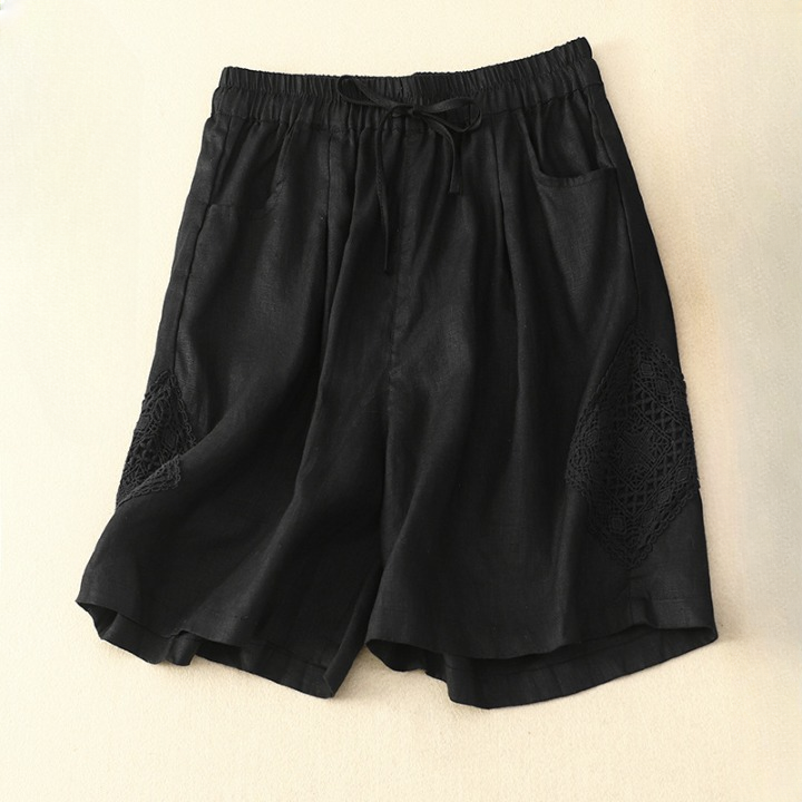 Shorts de lino para mujer con bordado lateral y cintura ajustable - Paloma
