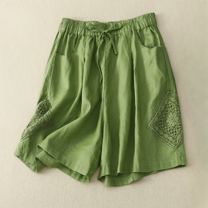 Shorts de lino para mujer con bordado lateral y cintura ajustable - Paloma