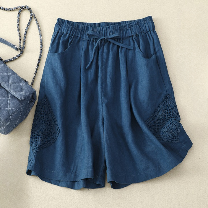 Shorts de lino para mujer con bordado lateral y cintura ajustable - Paloma