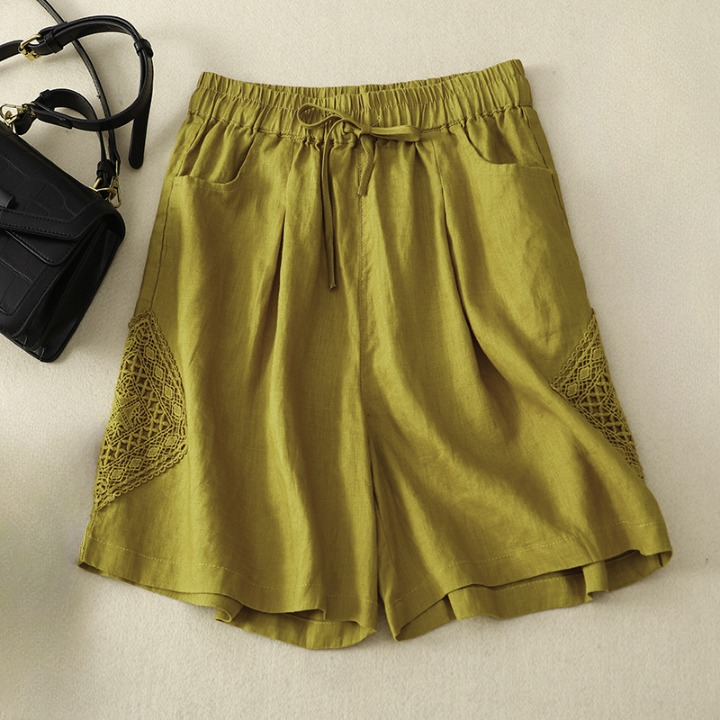 Shorts de lino para mujer con bordado lateral y cintura ajustable - Paloma