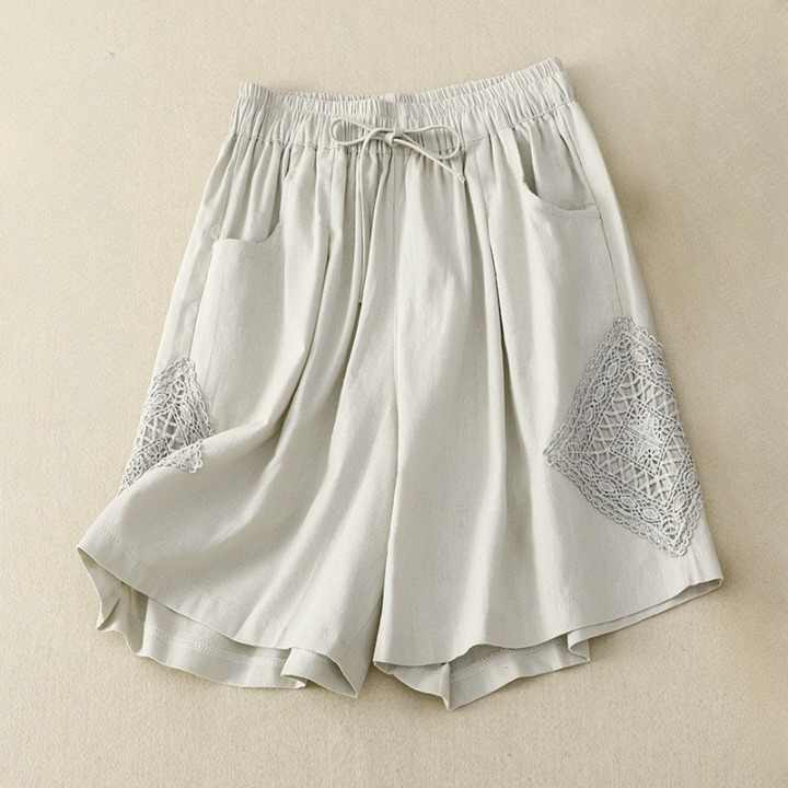 Shorts de lino para mujer con bordado lateral y cintura ajustable - Paloma