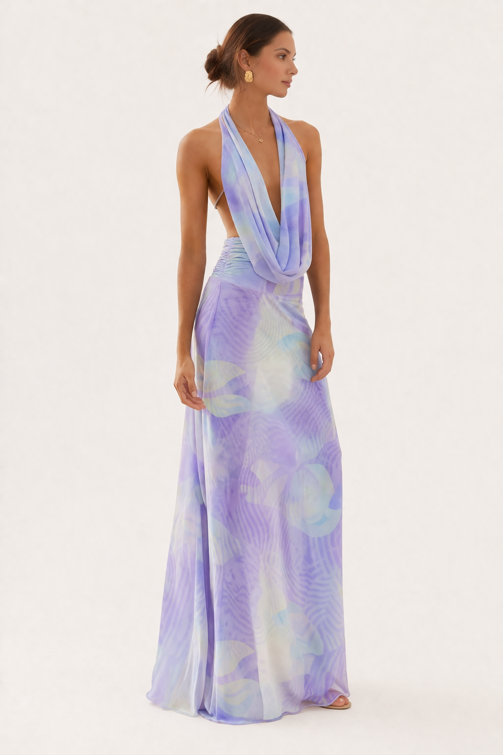 Vestido largo con cuello halter y caída drapeada para mujer - Livia