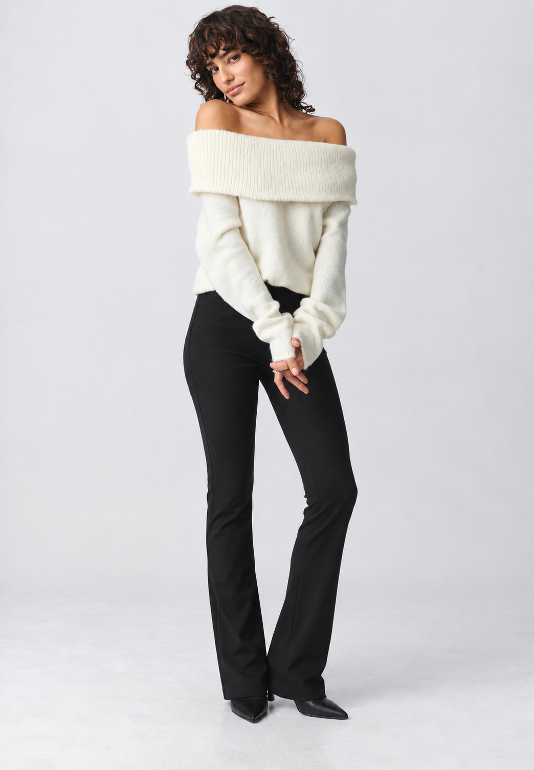 Jersey mujer hombros descubiertos cuello vuelto ancho manga larga punto liso - Belisa