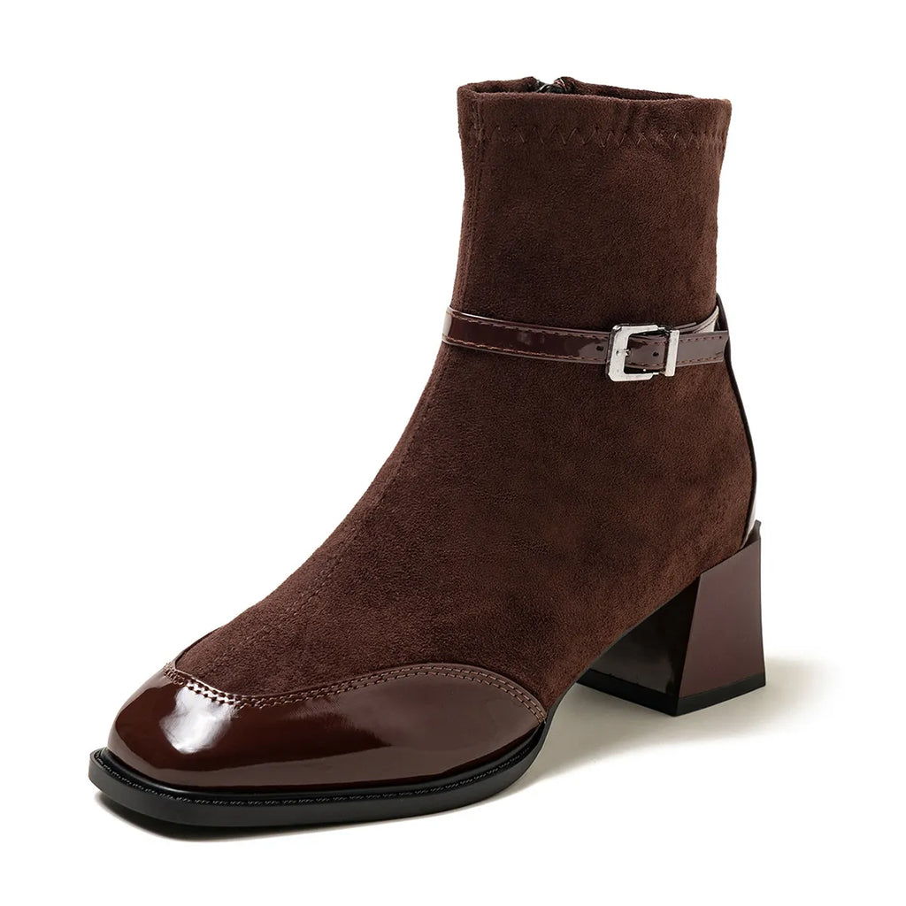 Botines mujer ante hebilla tacón ancho puntera charol contraste elegante - Marlen