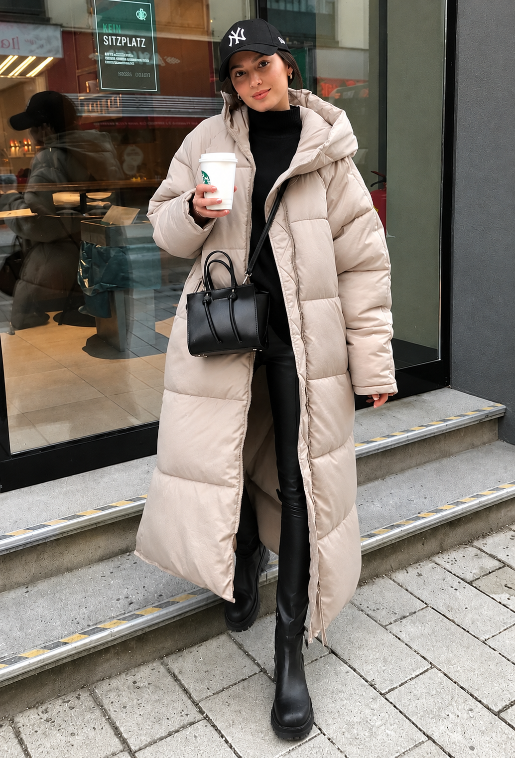 Abrigo acolchado largo mujer capucha oversize media pantorrilla cálido invierno - Odette