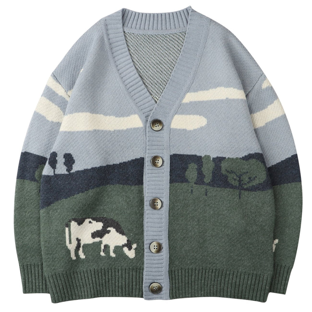 Cardigan de punto medio para hombre con botones y diseño gráfico en el tejido urbano