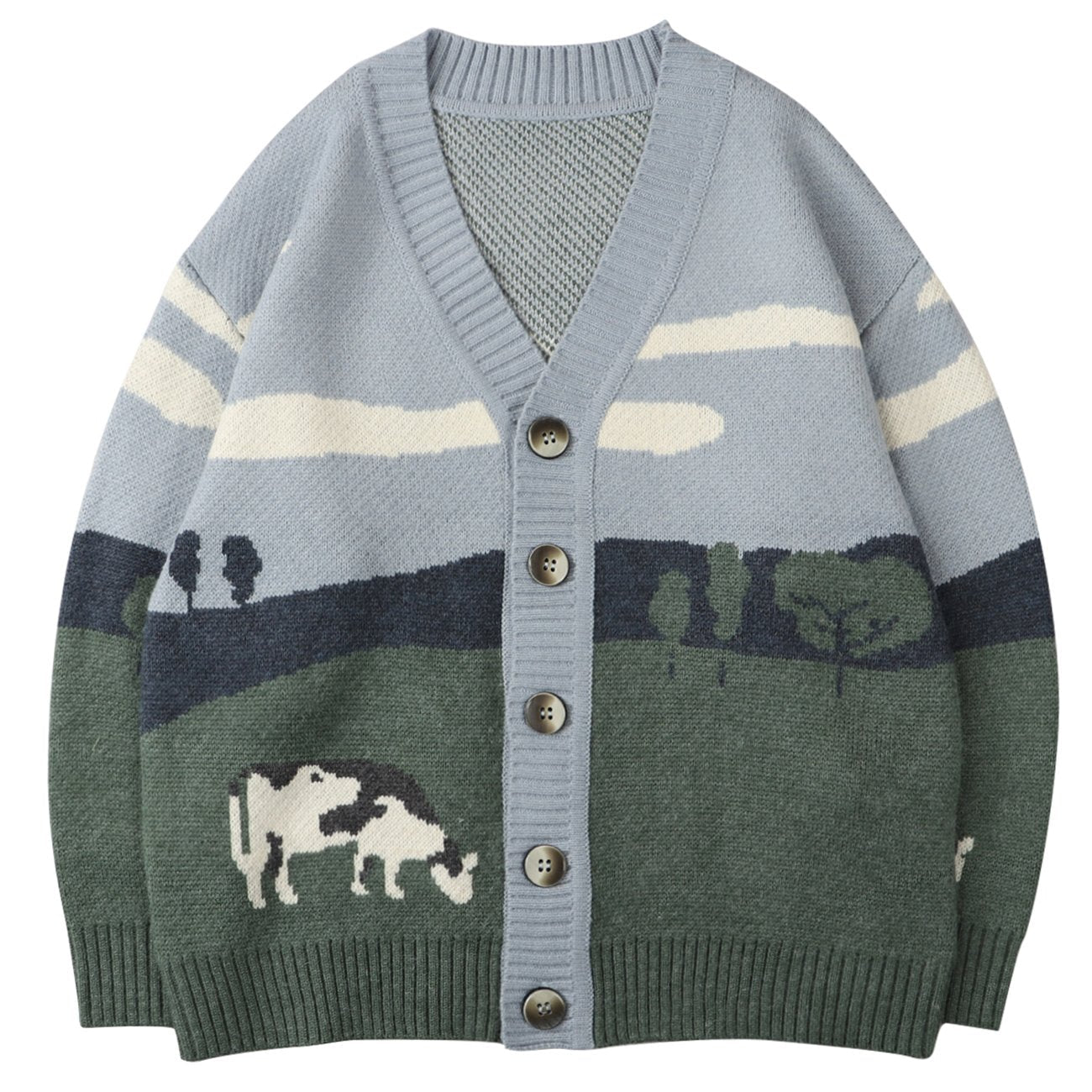 Cardigan de punto medio para hombre con botones y diseño gráfico en el tejido urbano