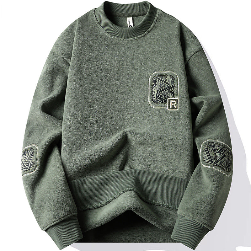 Pullover para hombre con cuello redondo y parches decorativos cosidos en pecho y mangas estilo casual