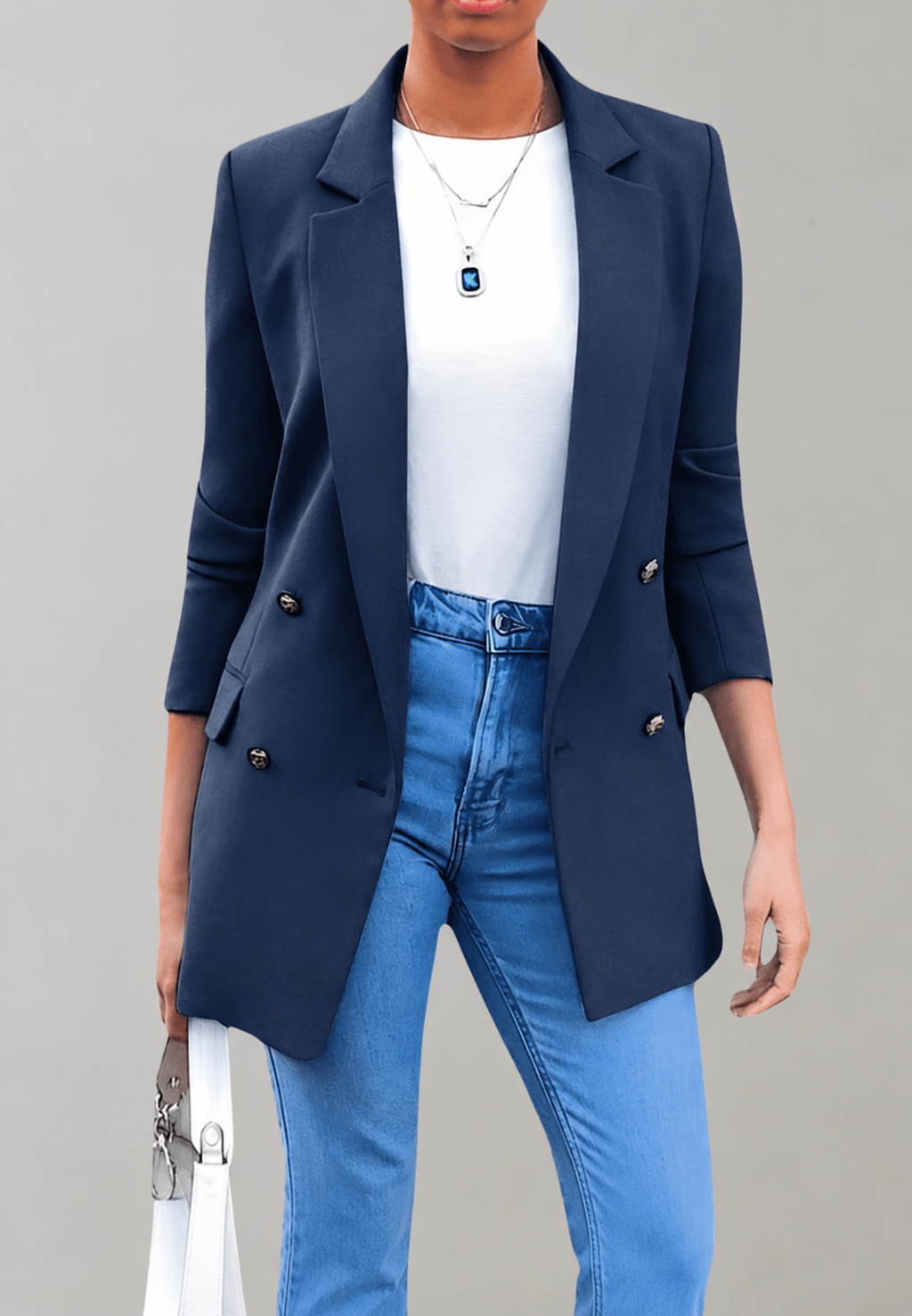 Blazer largo mujer doble botonadura solapas clásicas botones metálicos sastre - Greta