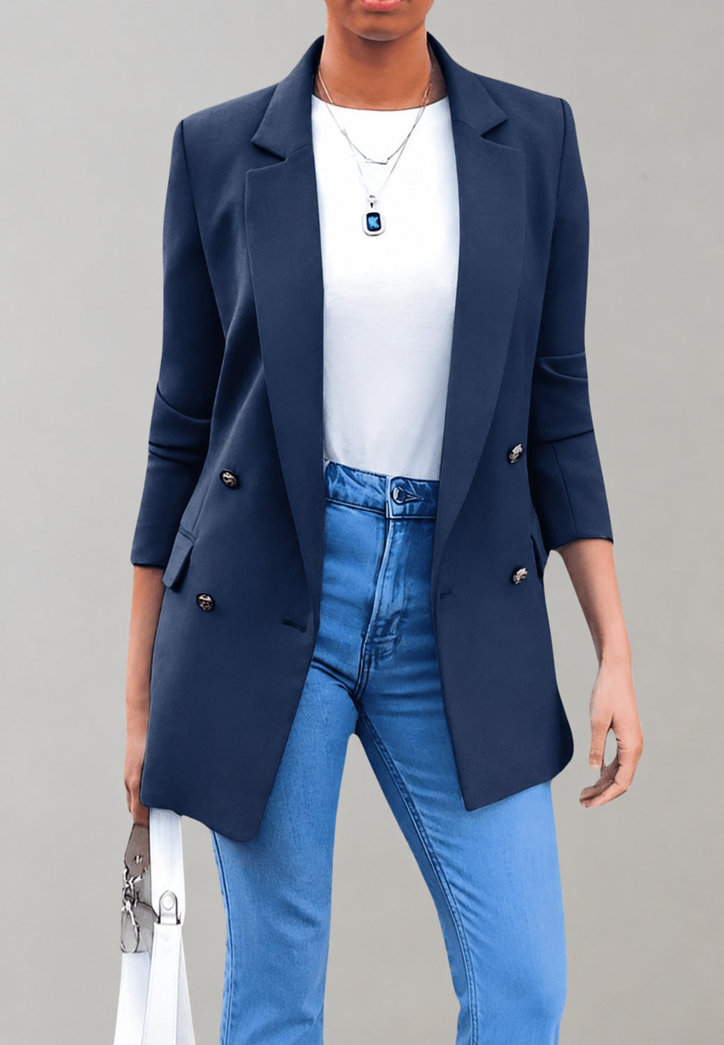 Blazer largo mujer doble botonadura solapas clásicas botones metálicos sastre - Greta
