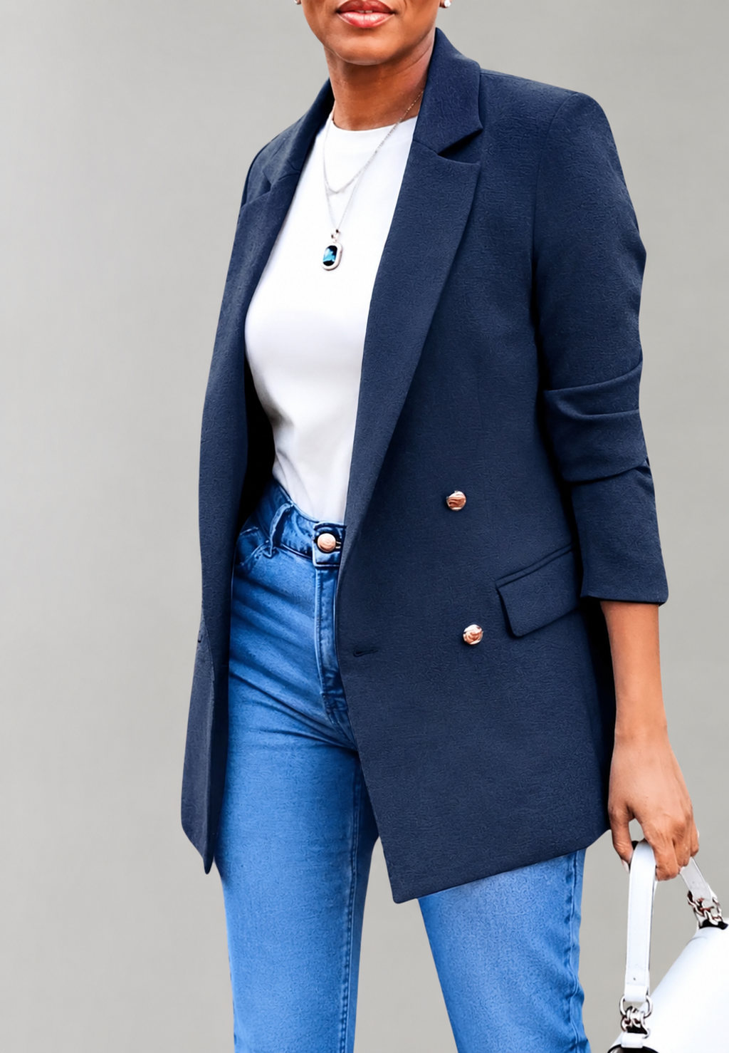 Blazer largo mujer doble botonadura solapas clásicas botones metálicos sastre - Greta