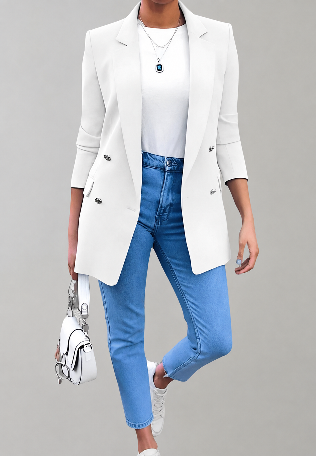Blazer largo mujer doble botonadura solapas clásicas botones metálicos sastre - Greta