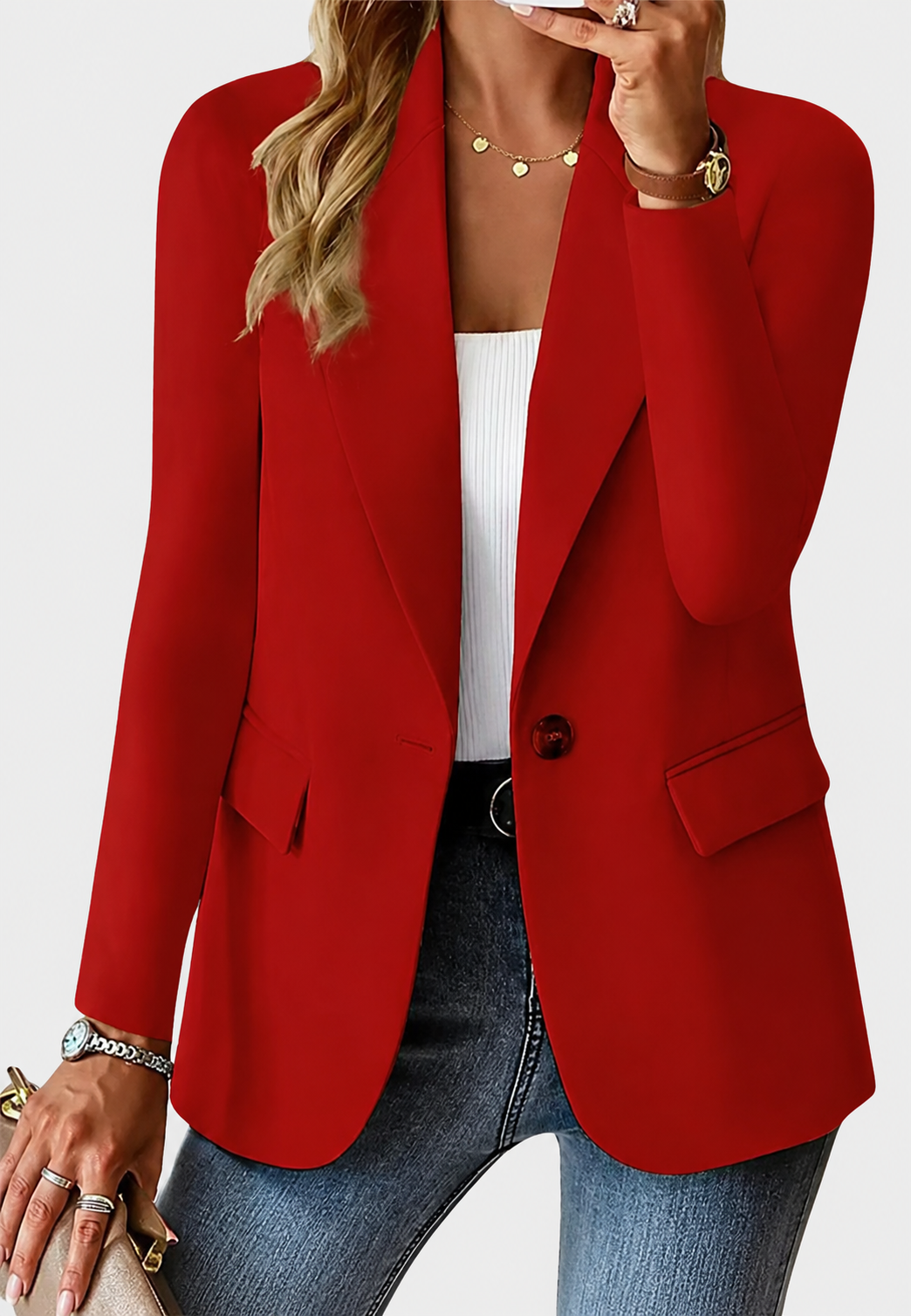Blazer mujer un botón solapas muesca bolsillos hombros marcados sastre - Klara