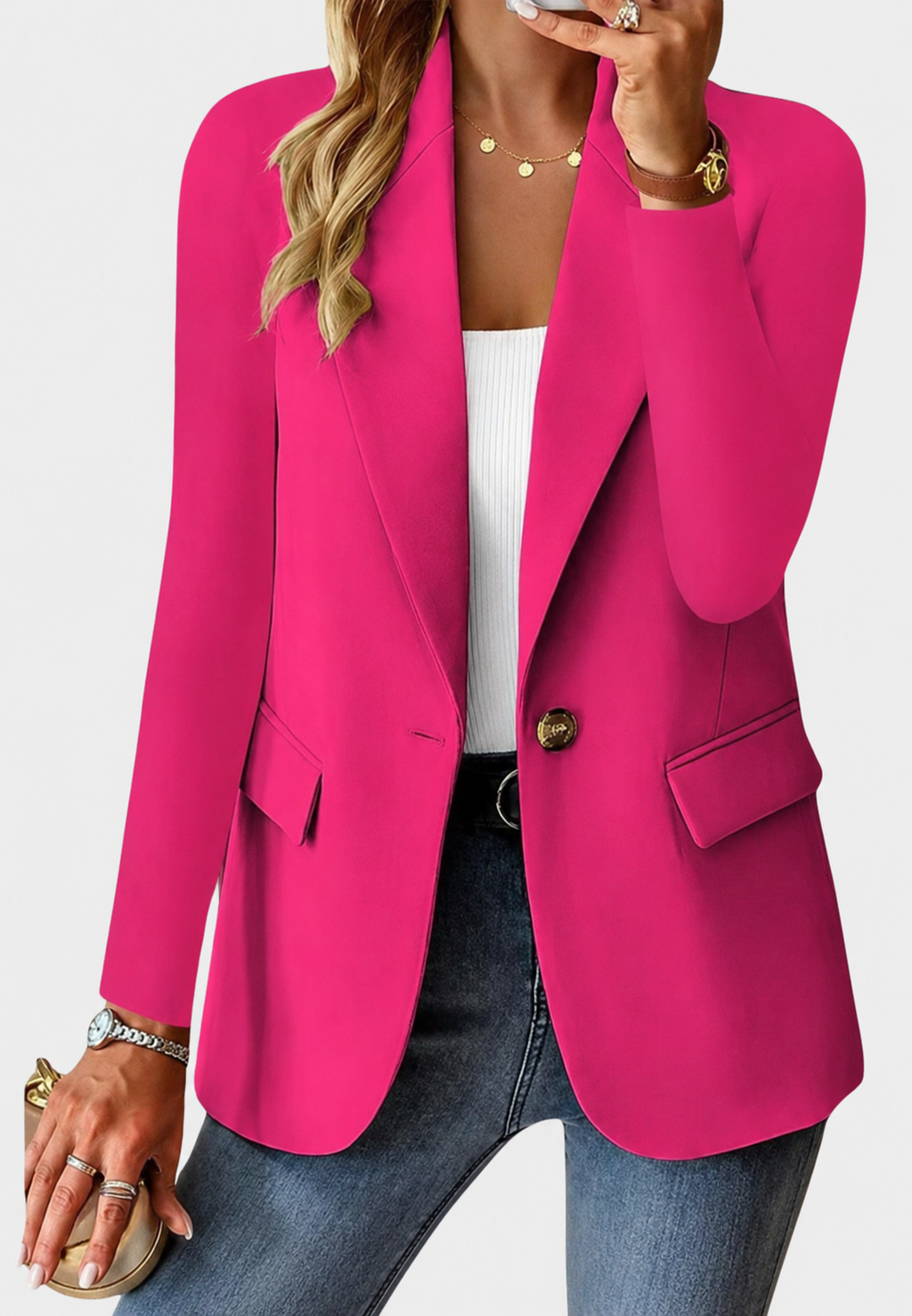 Blazer mujer un botón solapas muesca bolsillos hombros marcados sastre - Klara