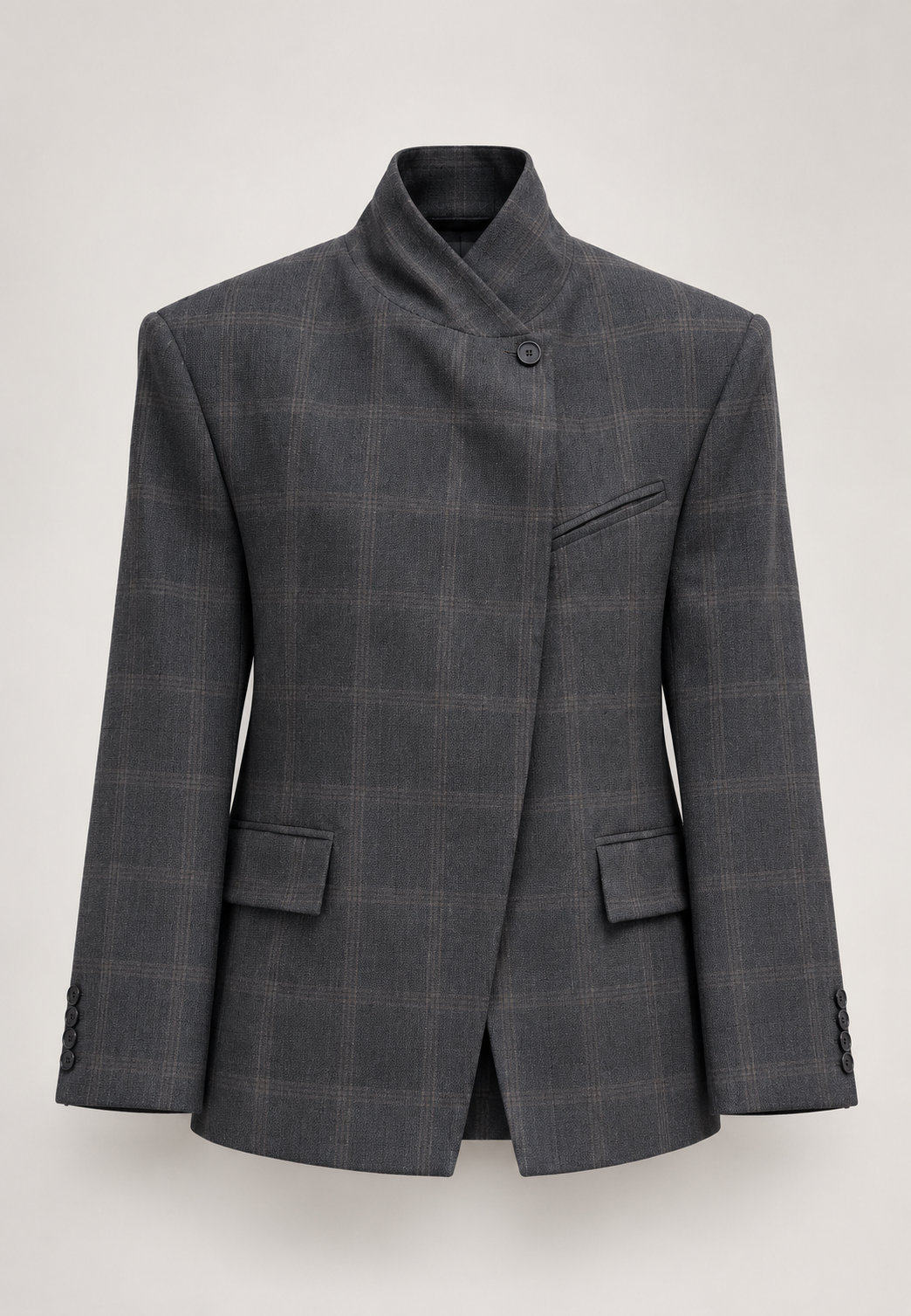 Blazer mujer cuadros cuello alto botón visible hombreras estructurado otoño - Vega