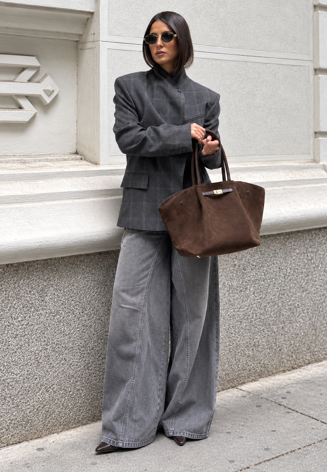Blazer mujer cuadros cuello alto botón visible hombreras estructurado otoño - Vega