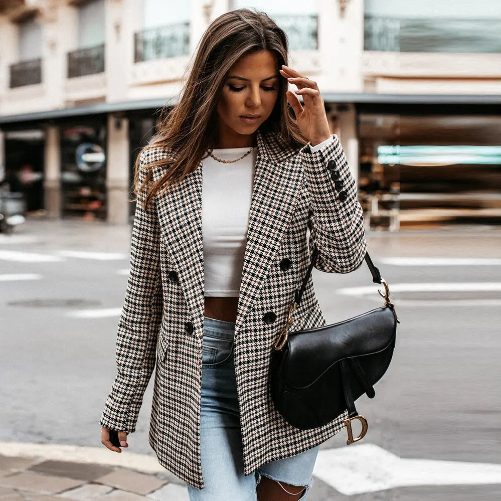 Blazer mujer cuadros doble botonadura solapas muesca botones oscuros - Karina