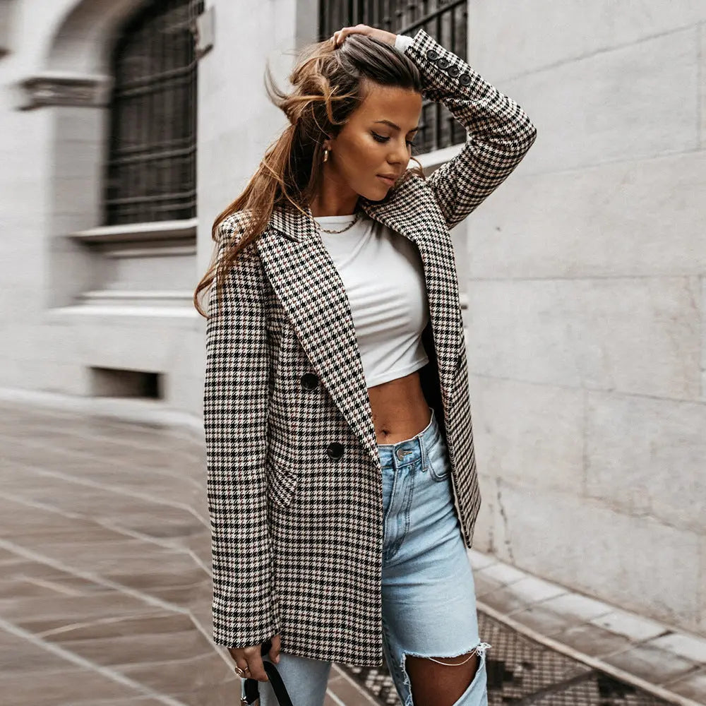 Blazer mujer cuadros doble botonadura solapas muesca botones oscuros - Karina