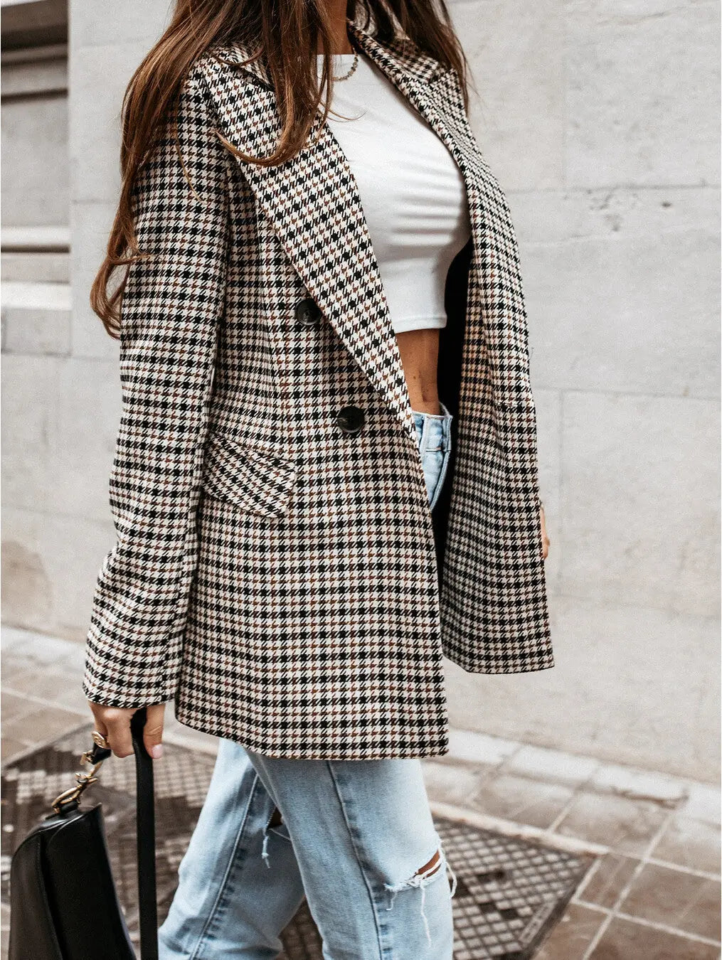Blazer mujer cuadros doble botonadura solapas muesca botones oscuros - Karina