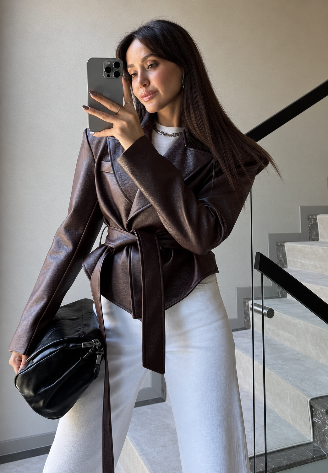 Blazer mujer efecto piel cinturón lazada solapas amplias hombros definidos - Elowen
