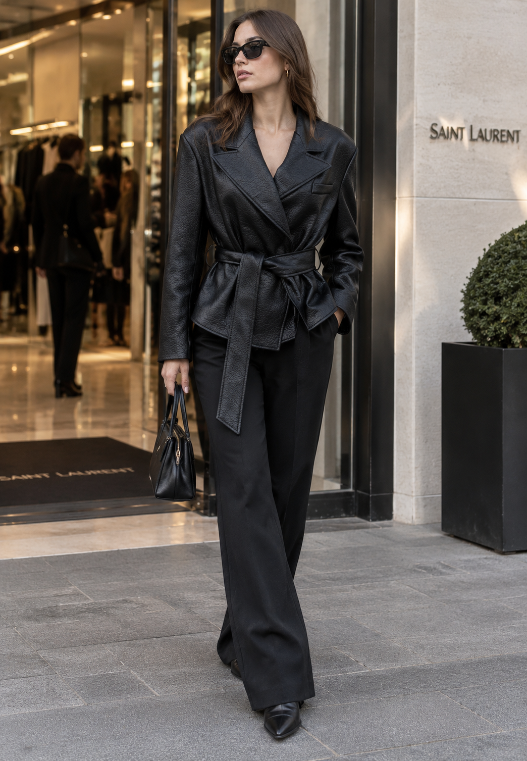 Blazer mujer efecto piel cinturón lazada solapas amplias hombros definidos - Elowen