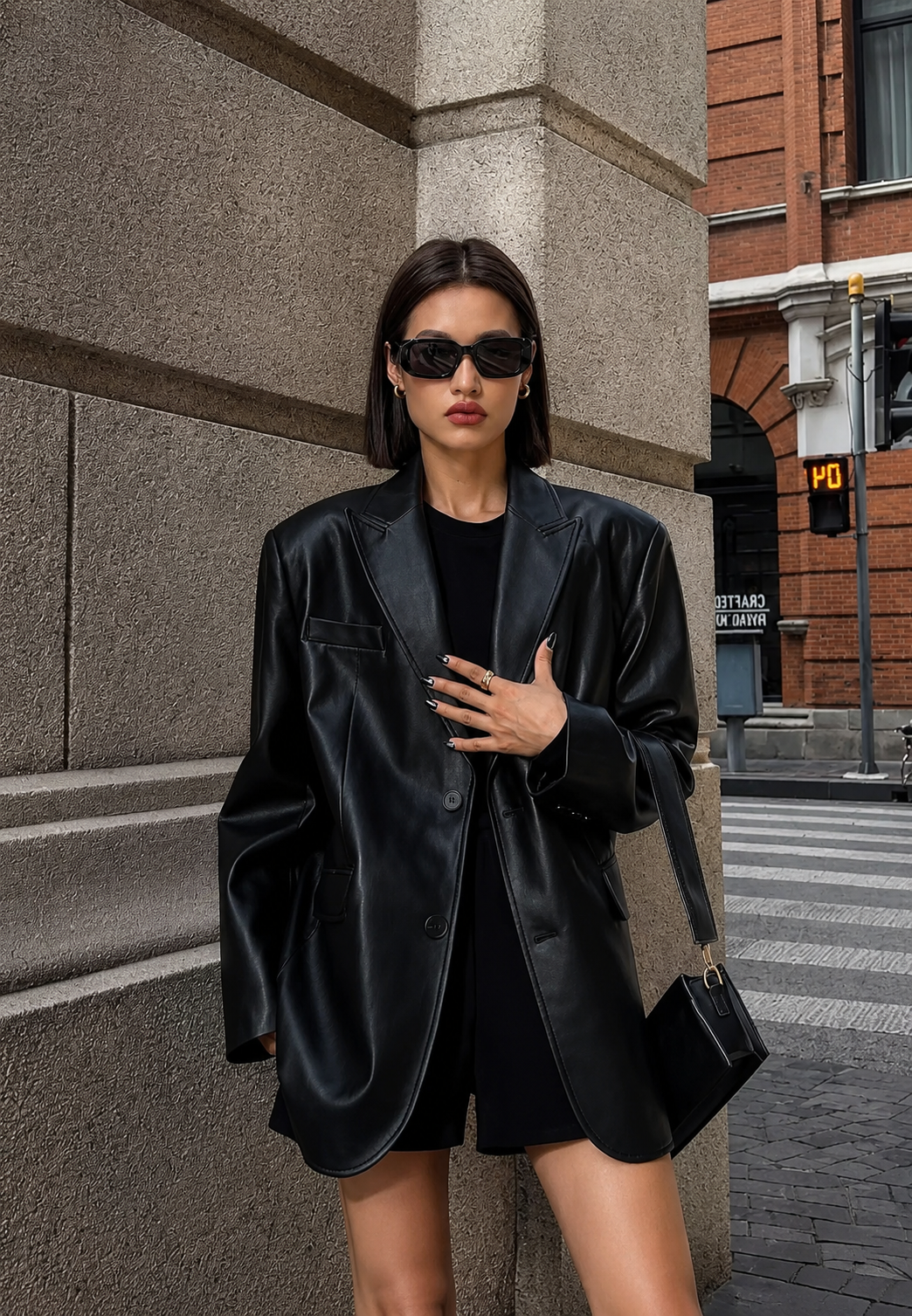 Blazer mujer efecto piel corte holgado solapas muesca largo cadera - Tessa