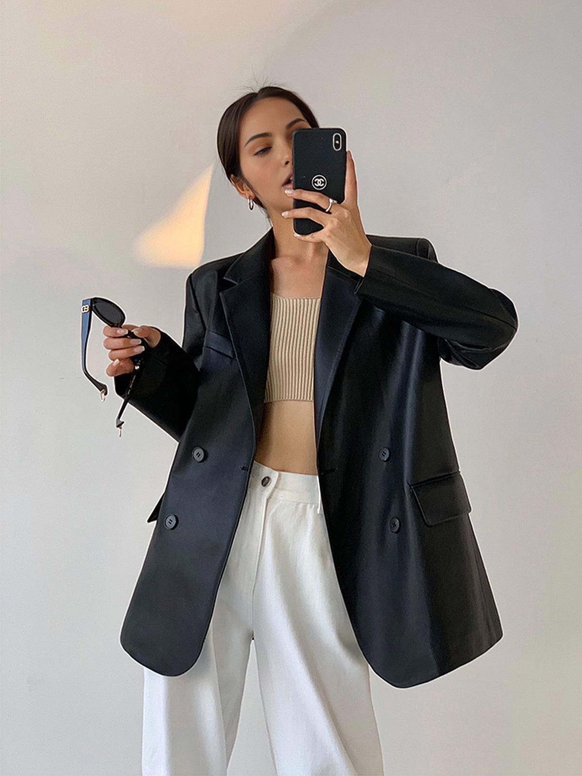 Blazer mujer efecto piel corte holgado solapas muesca largo cadera - Tessa