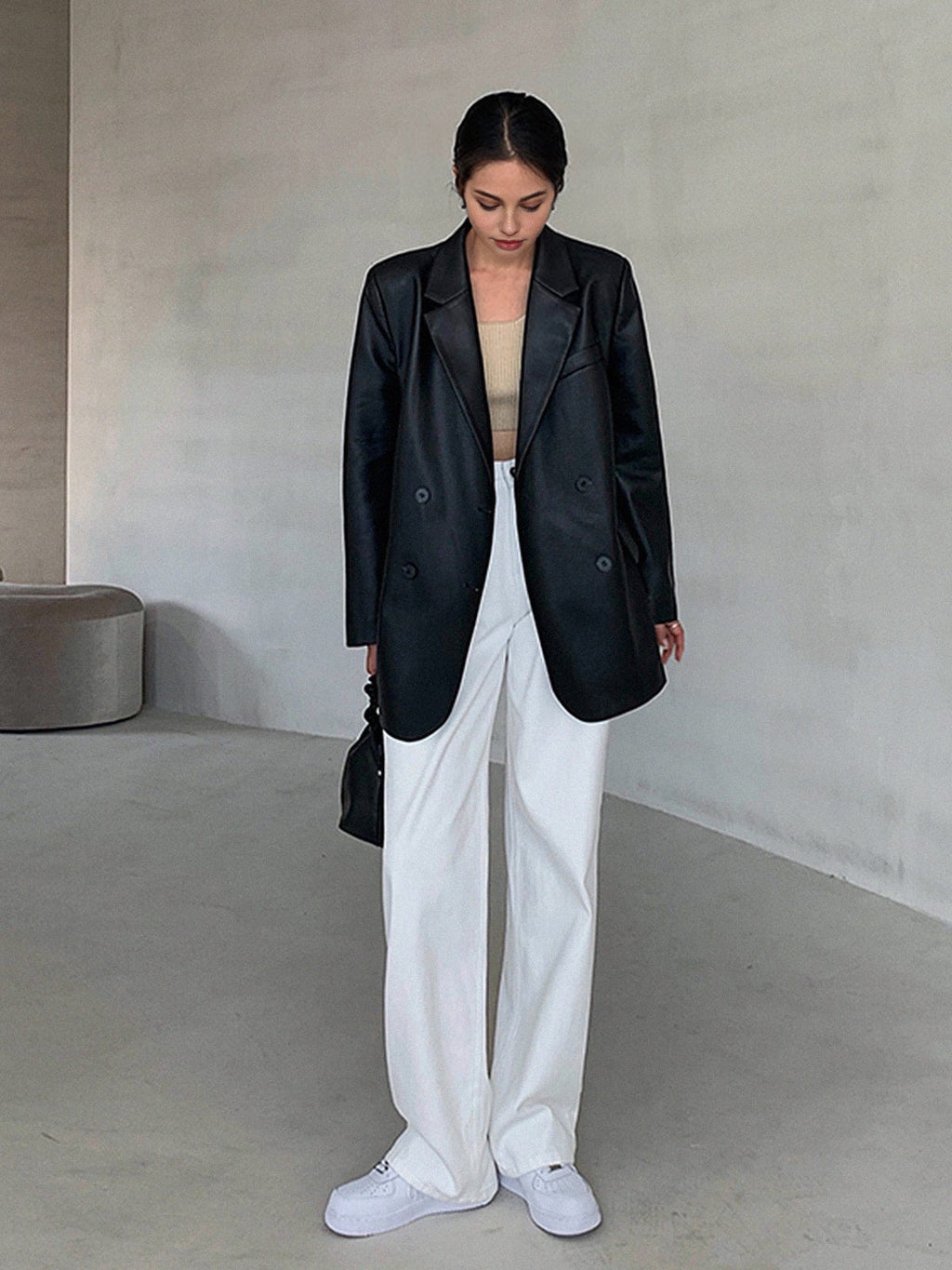 Blazer mujer efecto piel corte holgado solapas muesca largo cadera - Tessa