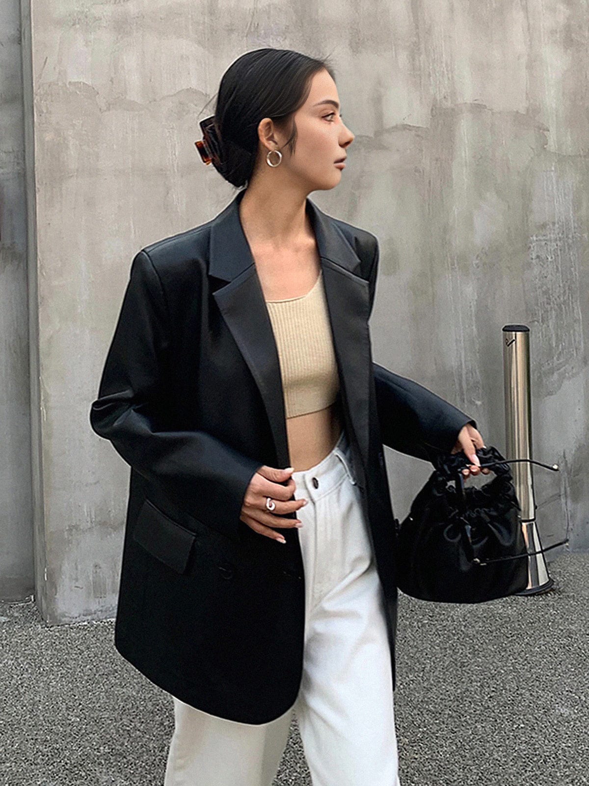 Blazer mujer efecto piel corte holgado solapas muesca largo cadera - Tessa