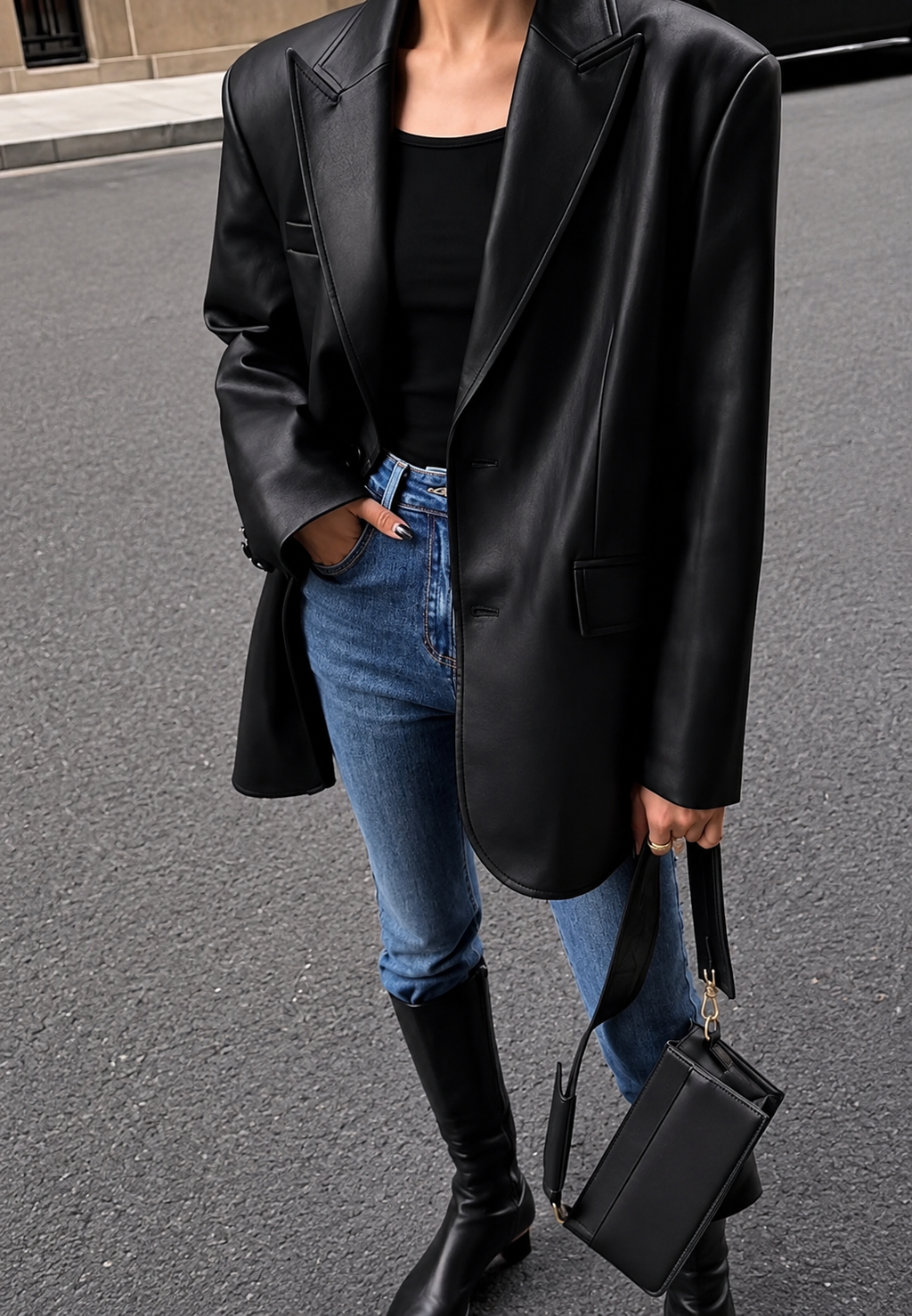 Blazer mujer efecto piel corte holgado solapas muesca largo cadera - Tessa