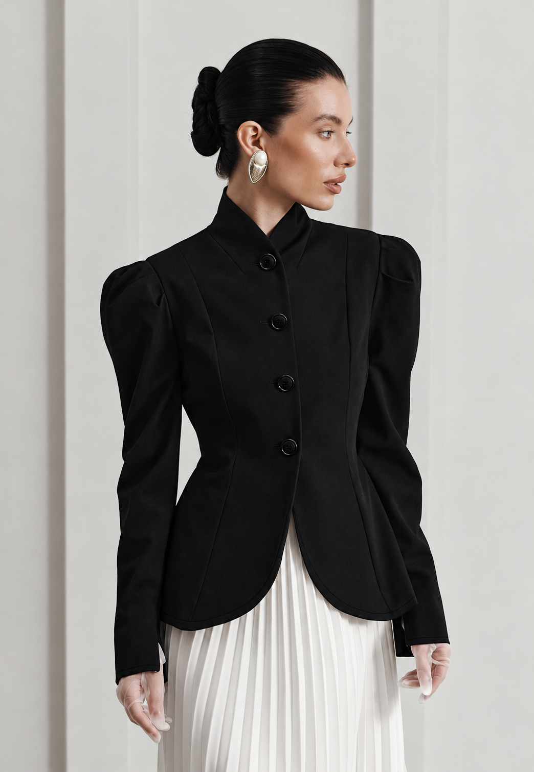 Blazer mujer entallada cuello mao mangas abullonadas sin solapas cadera - Leonor
