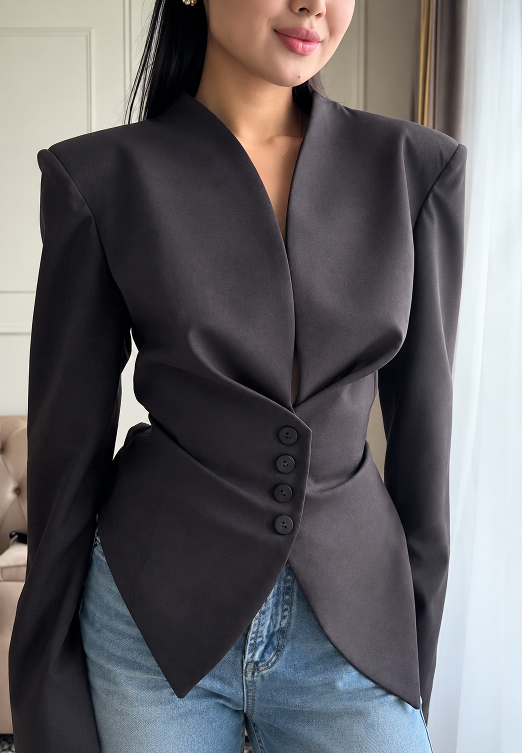 Blazer mujer entallado asimétrico hombreras botones cintura marcada - Marlies