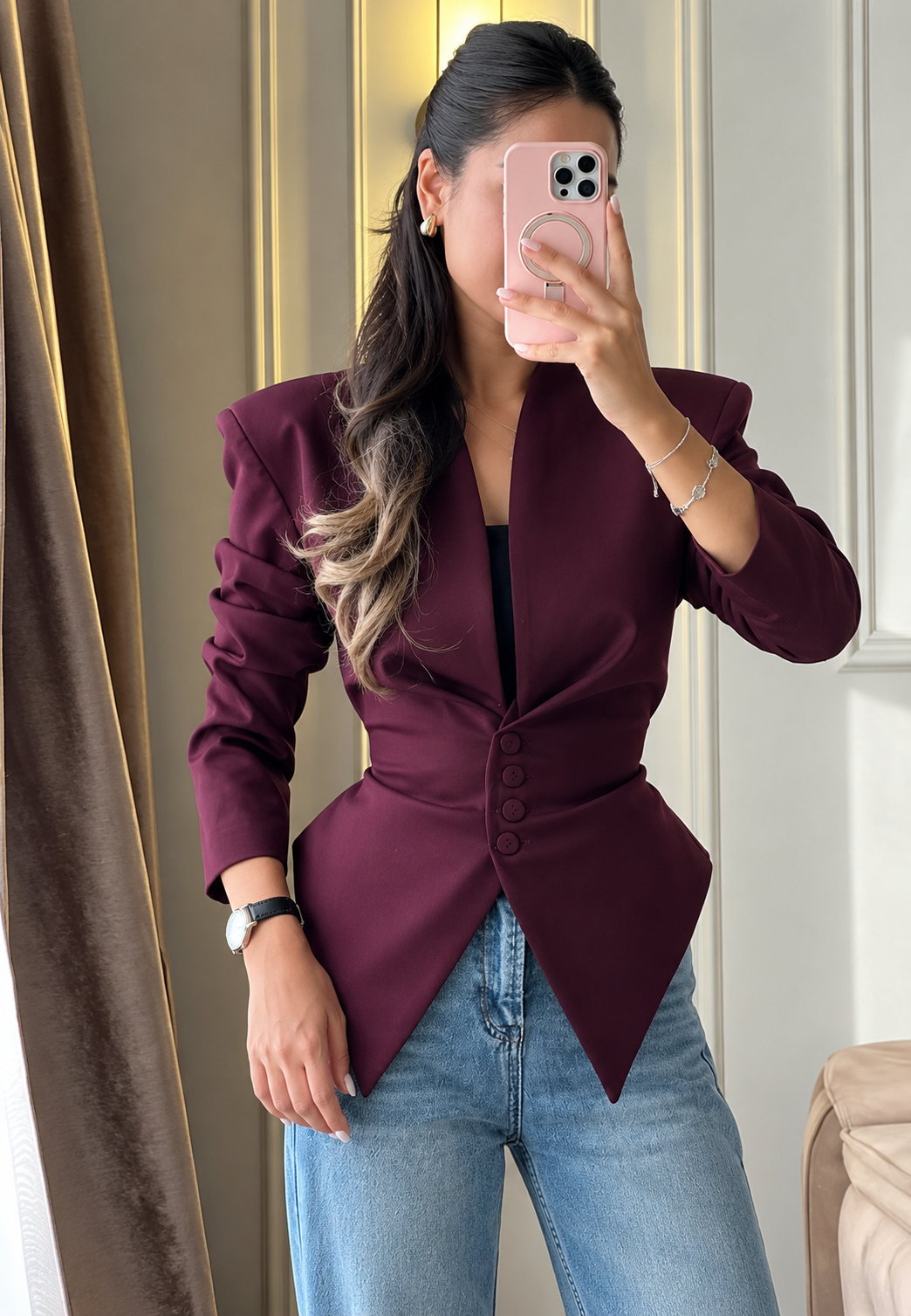Blazer mujer entallado asimétrico hombreras botones cintura marcada - Marlies