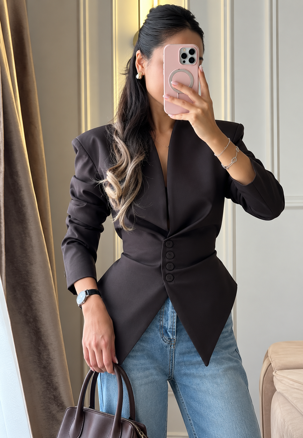 Blazer mujer entallado asimétrico hombreras botones cintura marcada - Marlies