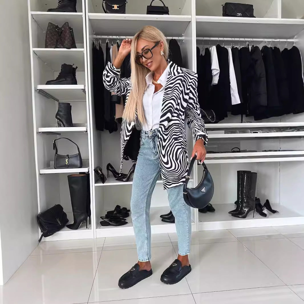 Blazer mujer estampado leopardo entallado animal print largo cadera elegante - Romane