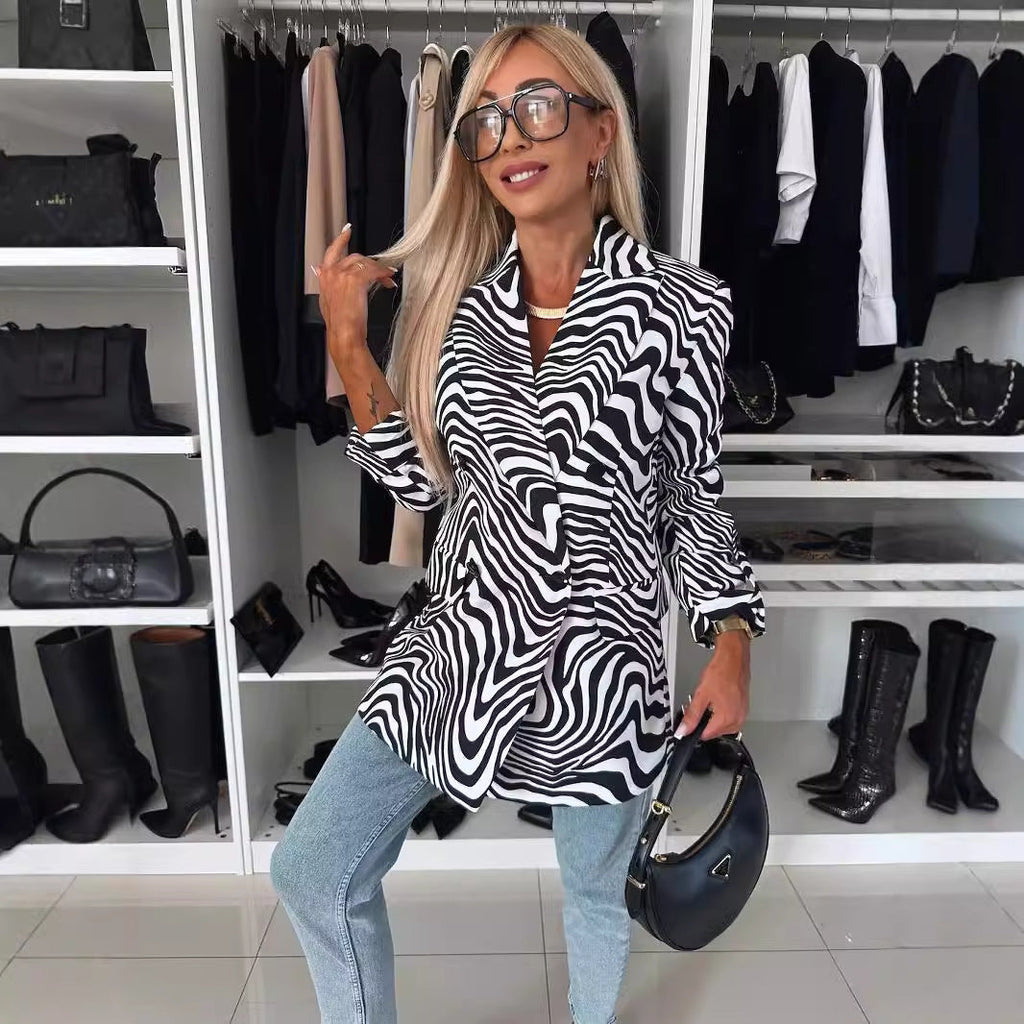 Blazer mujer estampado leopardo entallado animal print largo cadera elegante - Romane