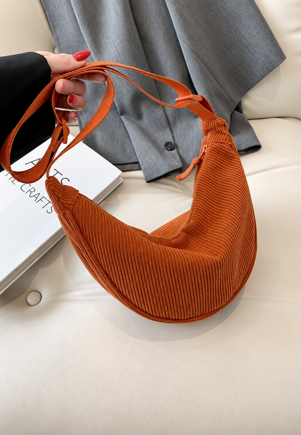 Bolso hombro mujer media luna textura acanalada compacto correa regulable - Violette