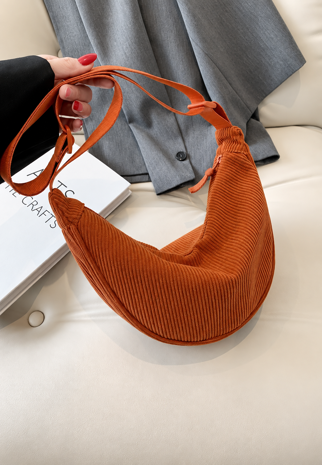 Bolso hombro mujer media luna textura acanalada compacto correa regulable - Violette