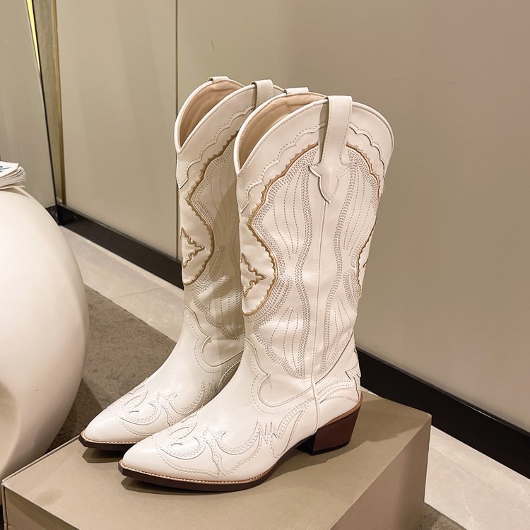 Botas cowboy mujer caña alta punta afilada bordados tacón medio tiradores - Ingrid