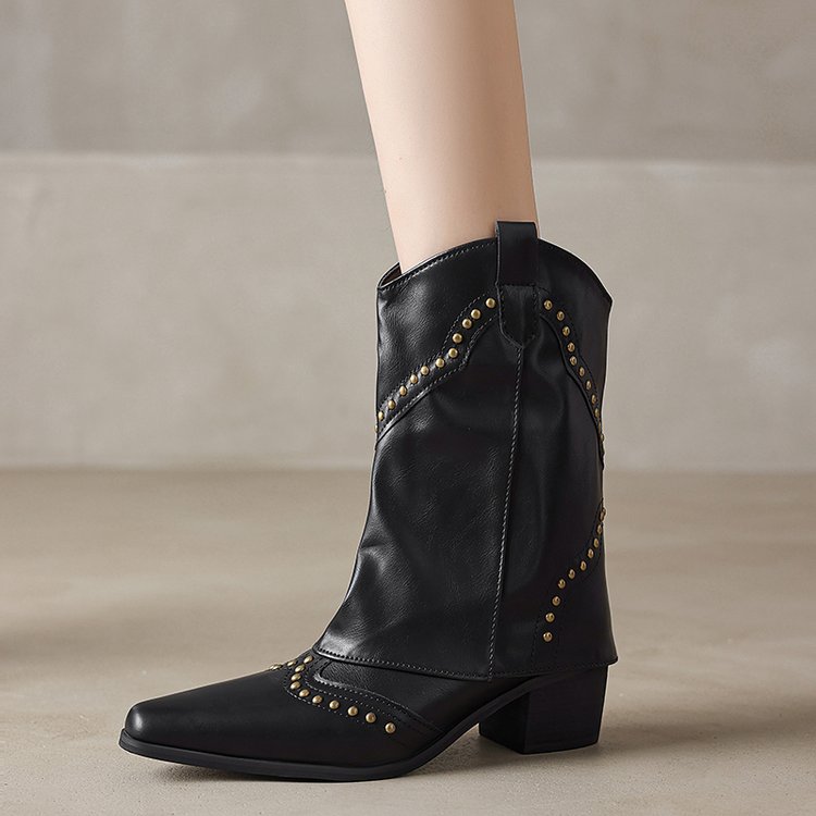 Botas cowboy mujer caña media tachas tacón bloque punta marcada western - Maura