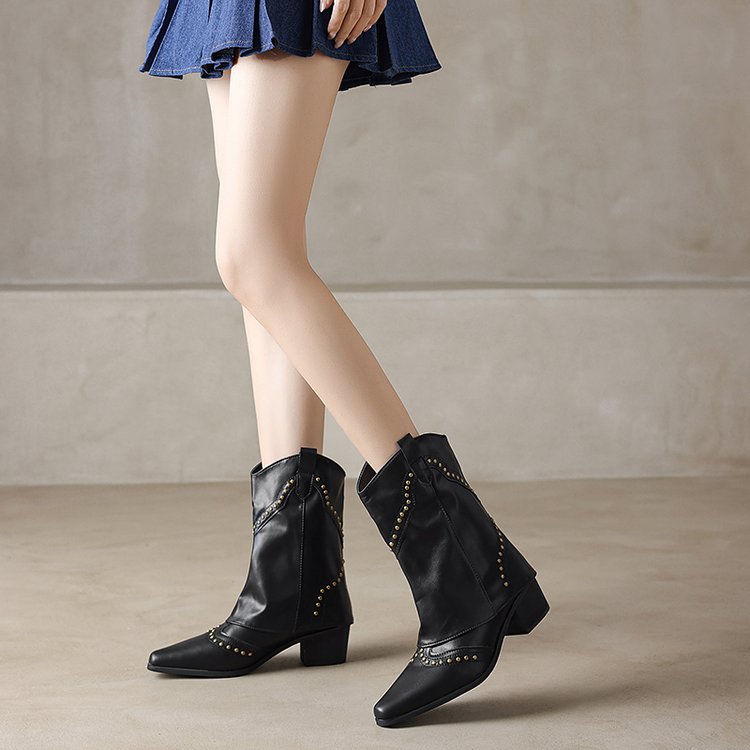 Botas cowboy mujer caña media tachas tacón bloque punta marcada western - Maura