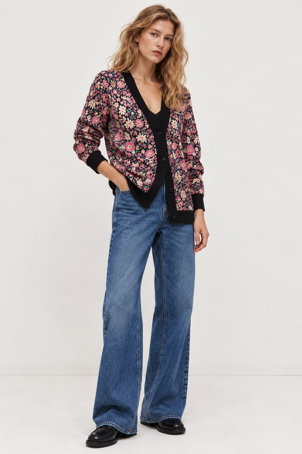 Cárdigan punto mujer estampado floral escote V botones ligero femenino - Emilia