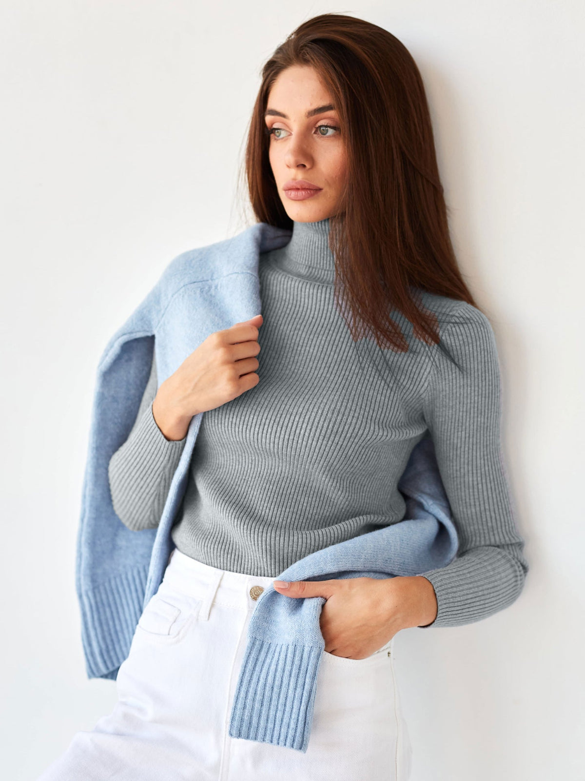 Jersey punto mujer cuello alto manga larga ajustado elegante atemporal - Inga