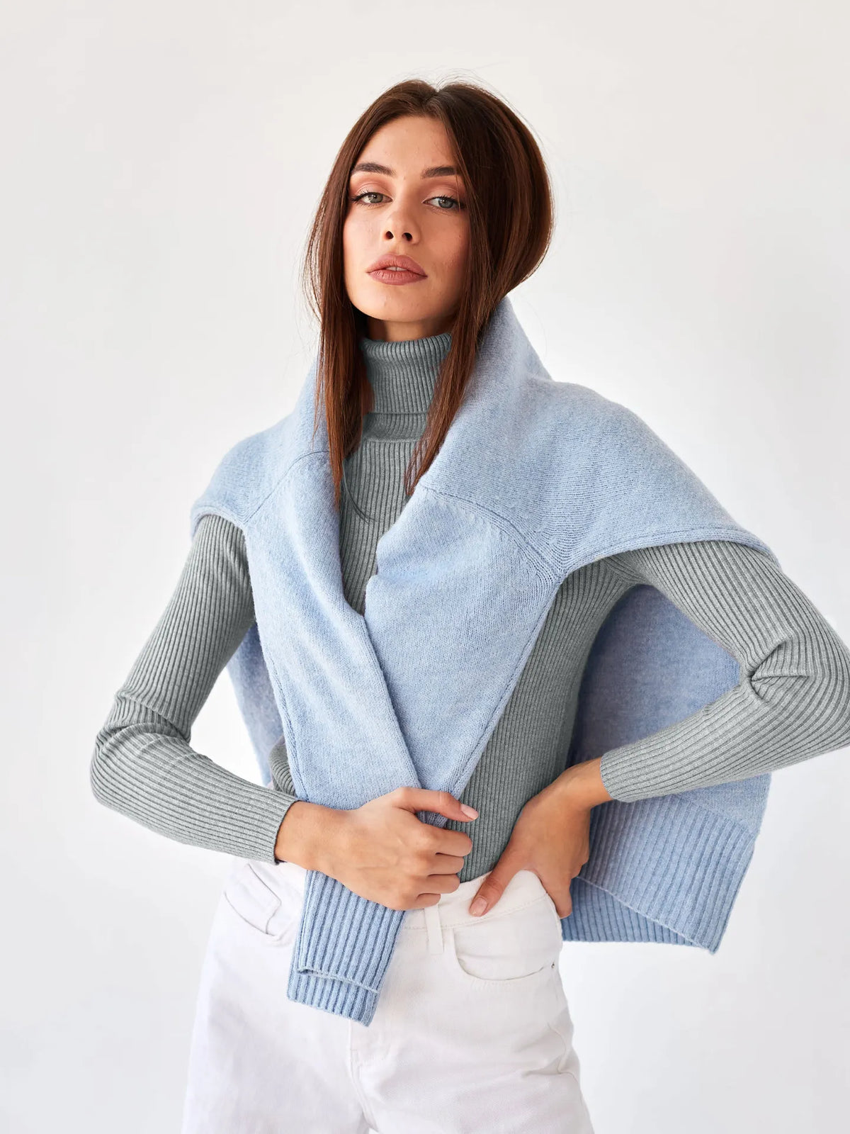 Jersey mujer cuello vuelto punto canalé ajustado fino sin volumen capa - Nélida
