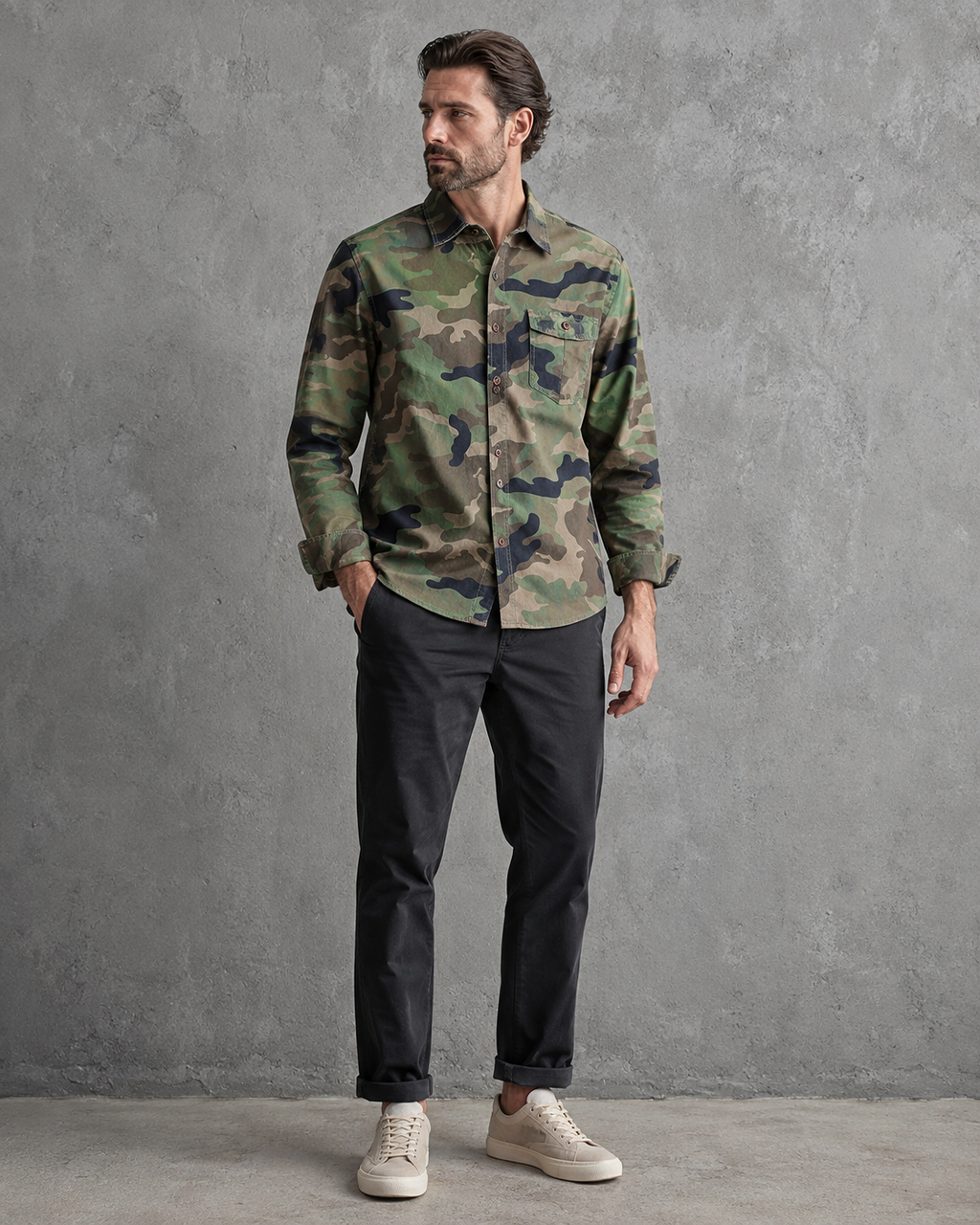 Camisa hombre camuflaje manga larga bolsillo pecho cuello clásico casual - Orsen