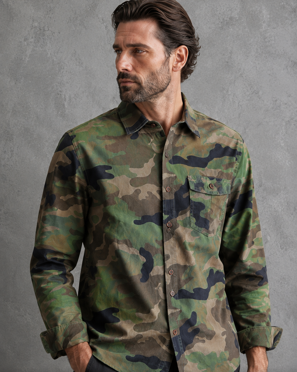 Camisa hombre camuflaje manga larga bolsillo pecho cuello clásico casual - Orsen
