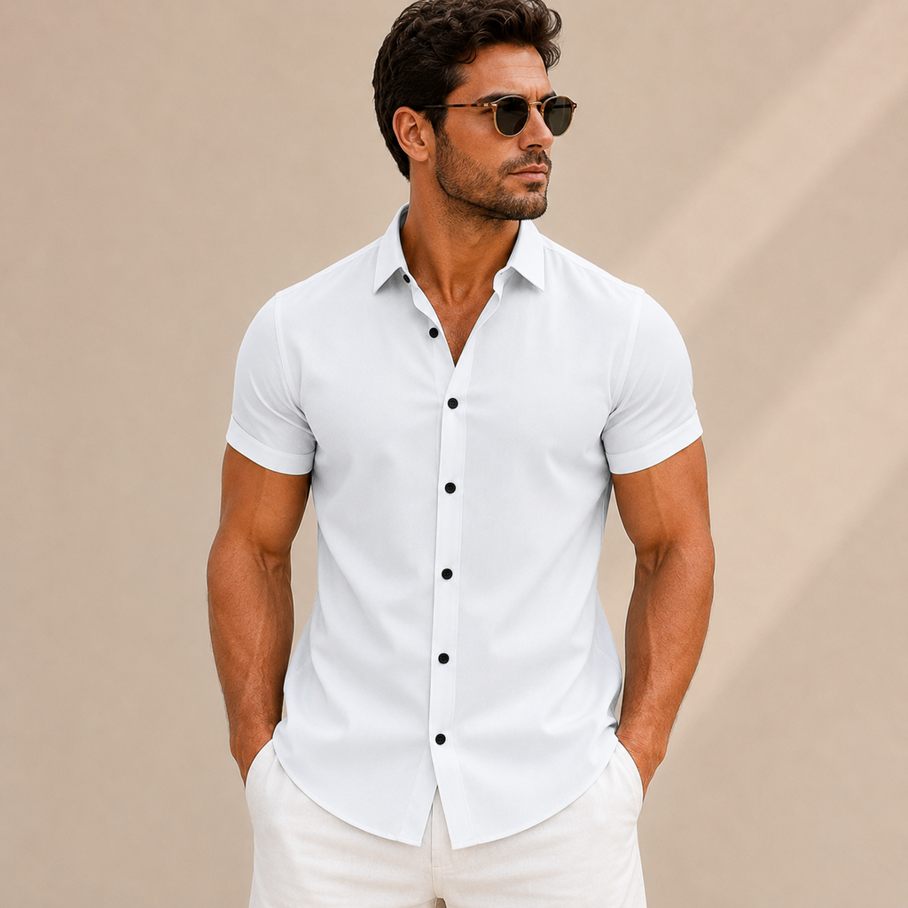 Camisa hombre manga corta slim fit lisa botones contraste cuello camisero - Bertram