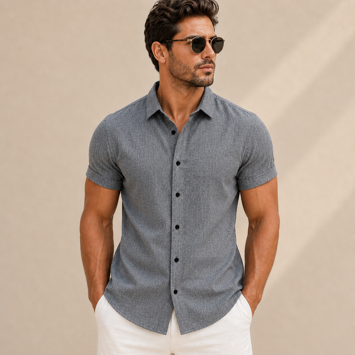 Camisa hombre manga corta slim fit lisa botones contraste cuello camisero - Bertram