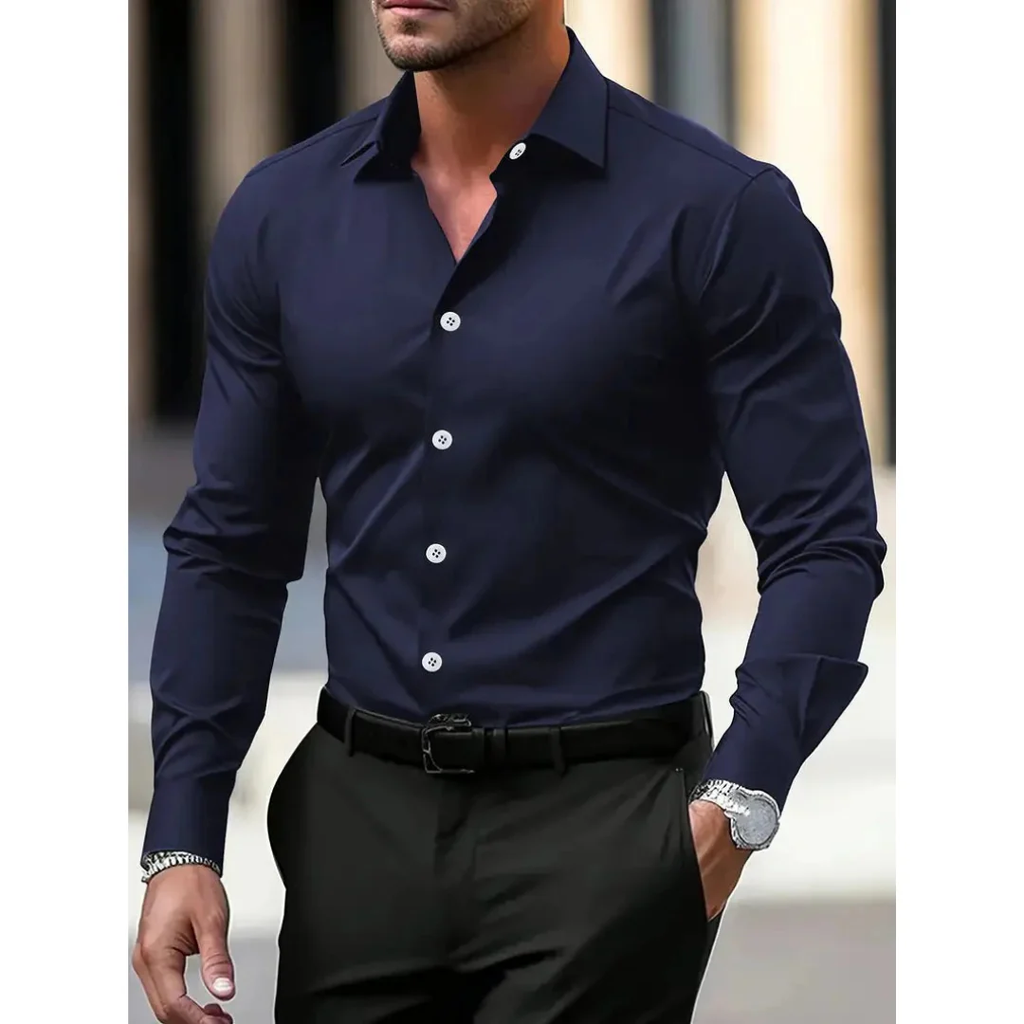 Camisa hombre manga larga slim fit cuello clásico botonadura frontal sin bolsillo - Heinrich